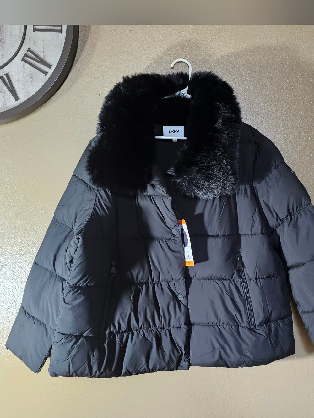 DKNY Black Puffer Jacket NWT Size XXL with Plush Faux Fur Collar